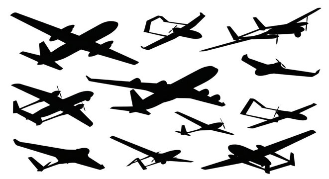 Fixed wing drone and aircraft flight vector silhouette set, aviation vehicles including long-range fixed-wing mapping drones, commercial airliners, propeller planes, aerial surveillance vehicles fly