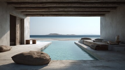 Fototapeta premium Interior space features rustic architecture opening onto a serene coastal vista with clear water