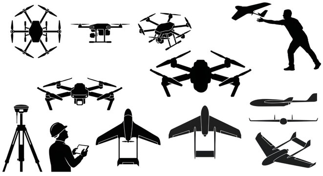 Drone pilot launching fixed wing UAV and laser scanning silhouettes, fixed-wing drone by hand, an engineer with a tablet, a geodetic GPS tripod, and various high-tech multirotor quadcopters