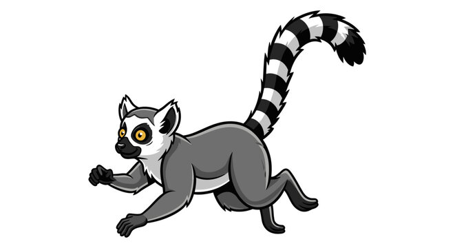 Cute cartoon ring-tailed lemur running with striped tail up.