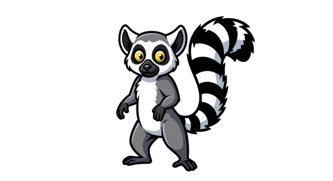 Cute cartoon ring-tailed lemur standing on white background