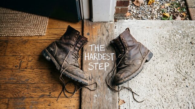 An old pair of rugged leather boots straddling a doorway threshold with 'The Hardest Step' inscribed, representing the profound courage required to begin a challenging new journey.