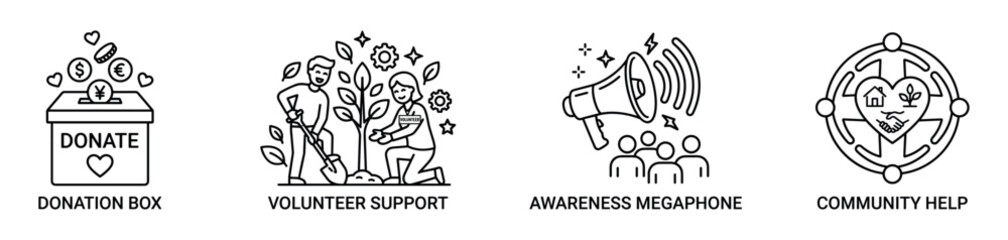 Naklejka premium Charity and donation giving philanthropic support icons
