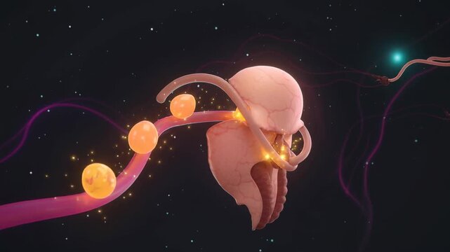 3D medical illustration of female reproductive system with ovaries and uterus showing ovulation process