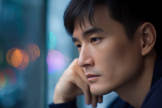 a closeup of an asian man leaning against the window, looking down with his head resting on one hand and tears in his eyes, city streets outside the window at night, blurry background