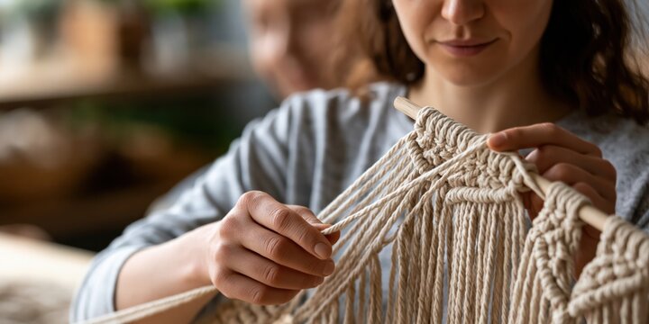 This intimate image shows a woman skillfully creating a macram&eacute; piece, highlighting the artistry and craftsmanship involved in handmade textile creations.