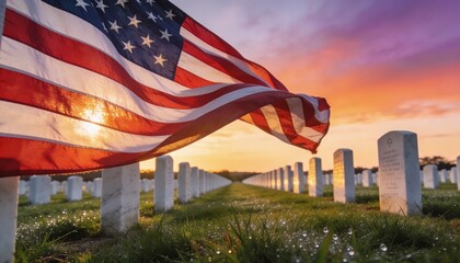 Naklejka premium Vibrant sunset illuminates a flowing flag over a solemn field of white headstones, honoring sacrifice and memory with a poignant yet hopeful atmosphere in a vast cemetery landscape