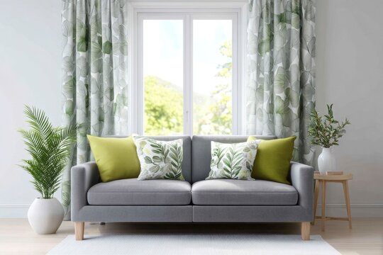 a living room with a grey sofa, green and white curtains with a leaf pattern print on window, modern home decor
