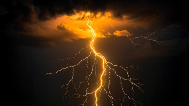 Dramatic lightning storm with bright orange and purple bolts illuminating dark stormy sky