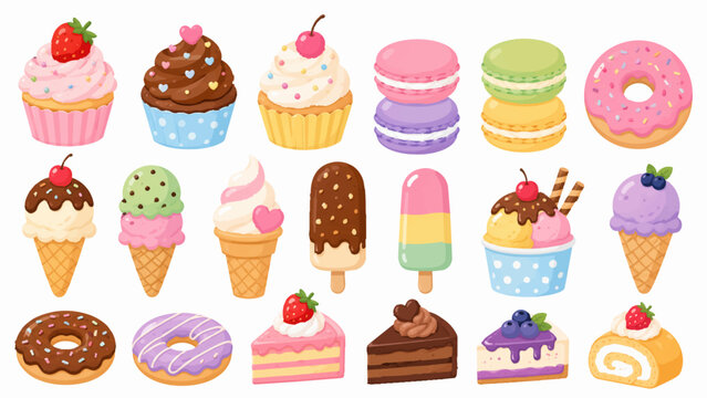 スイーツ＆デザートベクターイラストセット（カップケーキ・マカロン・ドーナツ・アイス）