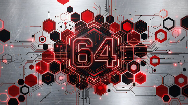 Red and black number sixty four on metal background illustration