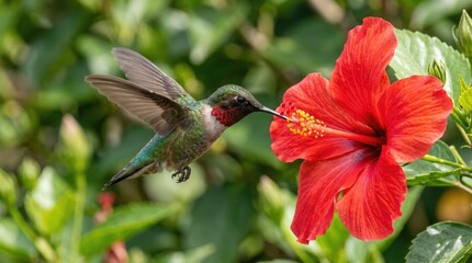 Fototapeta premium Hummingbird feeding on red hibiscus flower in garden