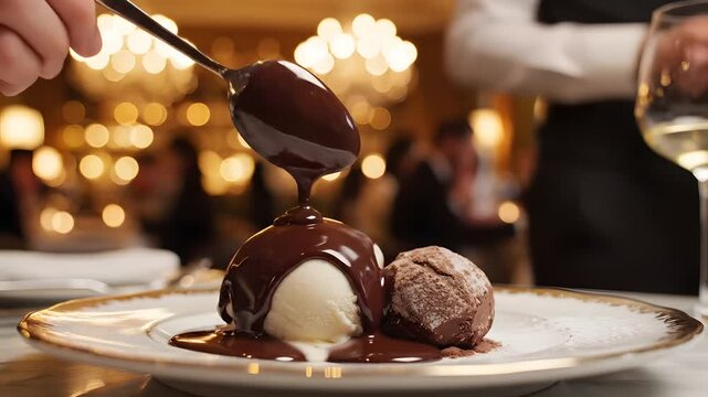 Delicious chocolate sauce being poured over creamy icecream and sweet dessert on a plate