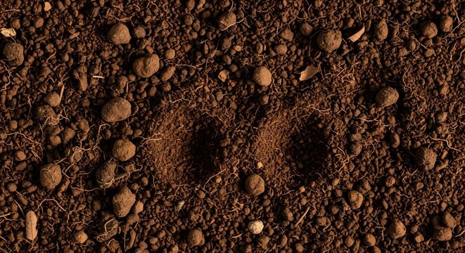 Textured brown garden soil with small stones and organic matter