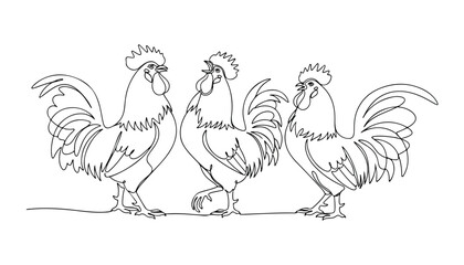 Continuous Simple black line art drawing set of Chicken bird in a minimalist style on a white background. © shoshi