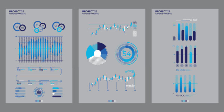 Blue and white financial data charts, graphs, and on clean background