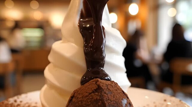 Delicious soft serve icecream with chocolate sauce and cookie crumble, a sweet summer dessert refreshment