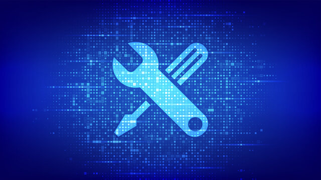 Blue digital binary code background, with white question, mark and gear, symbolizing technical support, and customer service