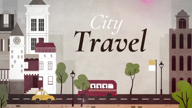 Cityscape illustration depicts a stylized urban environment featuring a yellow taxi and a red bus driving on a road, providing ample copy space for graphic designers to insert custom travel text.