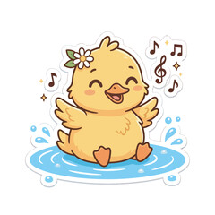 Fototapeta premium Kawaii Duckling Playing in Water Splash with Musical Notes and Flower Cute Cartoon Vector Sticker