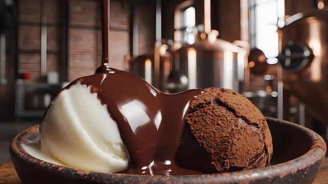 Delicious chocolate and vanilla icecream scoops with rich chocolate sauce in a rustic dessert bowl