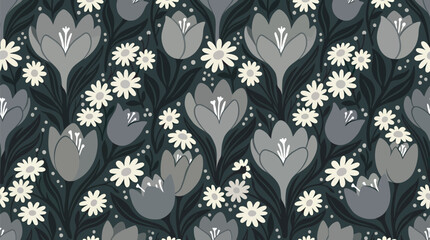 Seamless floral pattern with stylized grey and white crocus and daisy flowers, modern botanical wallpaper design ©  Yassine DS
