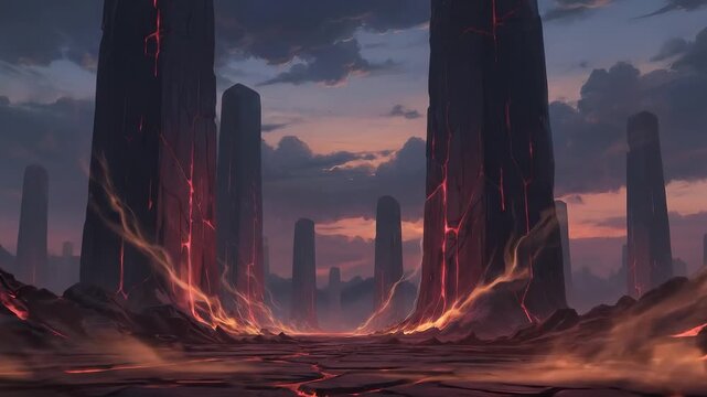Dark Fantasy Volcanic Landscape with Glowing Lava Stone Pillars