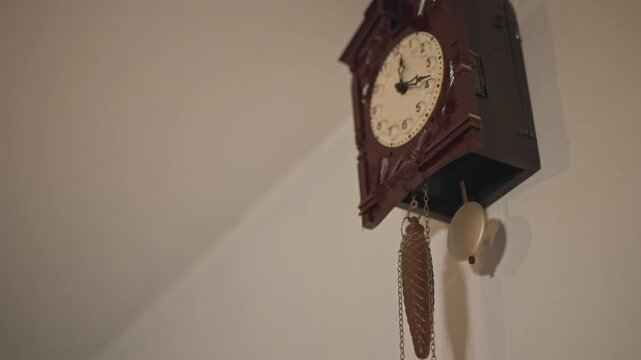 Vintage wall clock with swinging pendulum and brass weights, ornate wooden cuckoo design casting soft shadow on plaster, aged patina and gentle ticking create quiet nostalgic interior moment