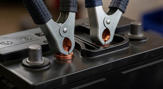 A close-up view of jumper cable clamps connected to the terminals of a 12v battery charger system being used to jump start a vehicle engine in a workshop