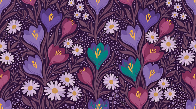 Seamless floral pattern with vibrant purple and magenta crocus and daisy flowers, elegant botanical wallpaper background