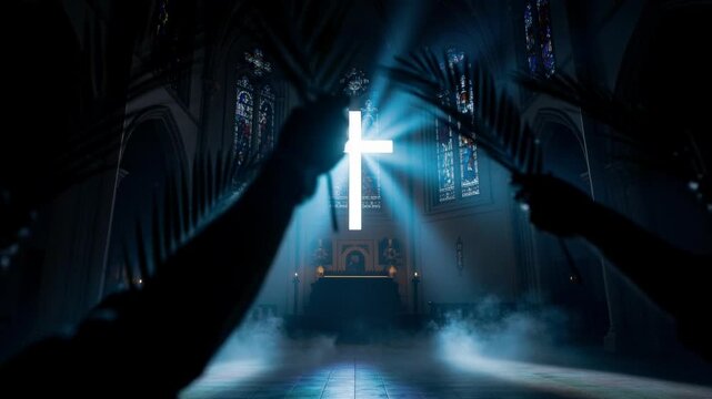 Palm Sunday church service with glowing cross and worshippers holding palm branches inside cathedral