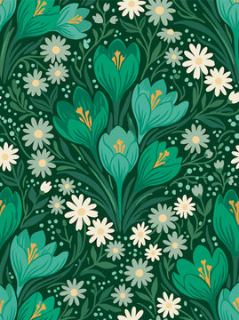 Modern seamless botanical pattern with stylized green crocus and daisy flowers on dark background