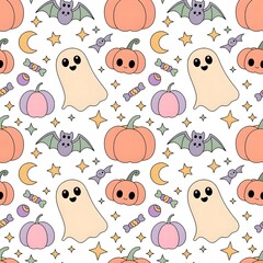 Obraz premium Cute Pastel Halloween Seamless Pattern with Pumpkins Bats and Stars