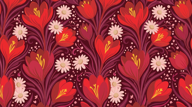 Botanical seamless pattern with stylized red crocuses and small daisies on a dark wine-colored background for surface design
