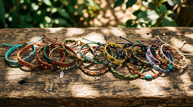 Vibrant Woven Bracelets Collection Displayed on Rustic Wooden Surface with Natural Greenery Background
