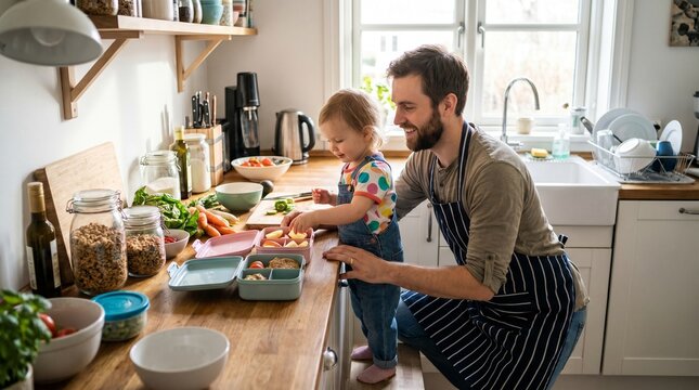Father and Child in Kitchen Preparing Food