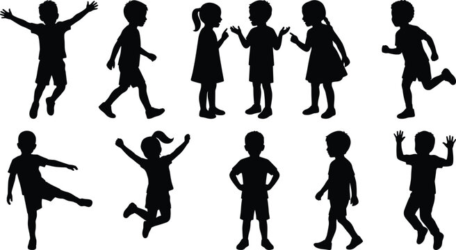Happy Kids Silhouettes Vector Collection with Children Jumping Running Walking and Talking Isolated on White Background for Microstock Platforms