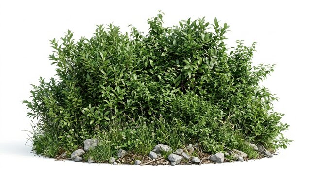 Lush green bush with dense foliage, vibrant leaves, fresh grass, small rocks, and twigs, isolated on a clean white background, perfect for architectural rendering, landscape design elements, or gar...
