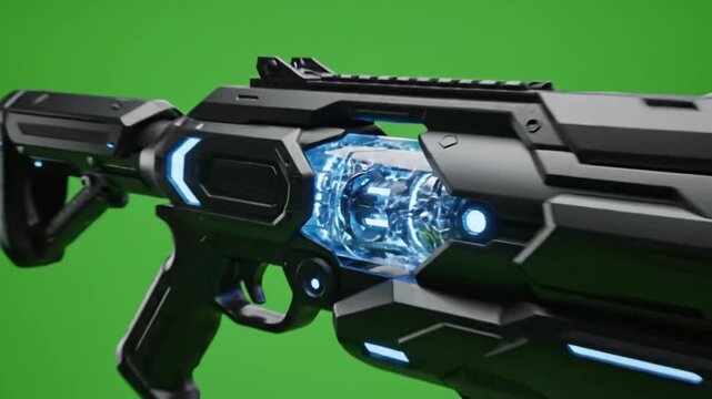 High-tech futuristic energy weapon with blue glow on green screen
