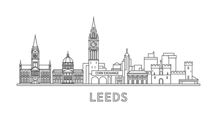 Fototapeta premium Leeds England City Skyline Line Art Vector Illustration