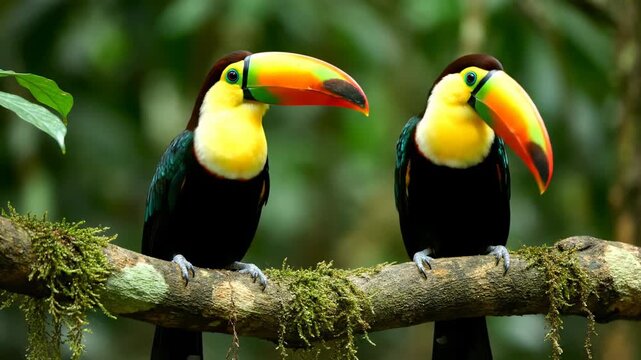 Two toucans interact on a branch in a tropical setting. Bright colors and lush foliage create an energetic atmosphere. Concept of wildlife, nature observation, eco-tourism