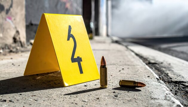 Yellow police evidence marker numbered 2 sits next to spent bullet casings on a city sidewalk, marking a crime scene.