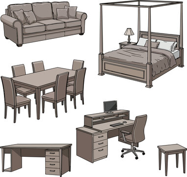 Daily Need Furniture with Sofa Bed Dining Table Office Desk Chair and Home Interior Elements Set Vector Illustration 