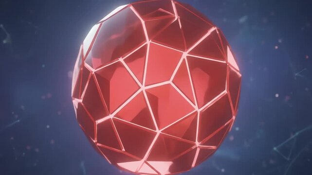 Abstract Rotating Red Geometric Sphere with Glowing Network Lines