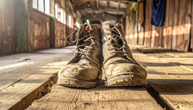 Worn Leather Combat Boots Caked in Mud Standing on a Weathered Wooden Plank in an Old Building
