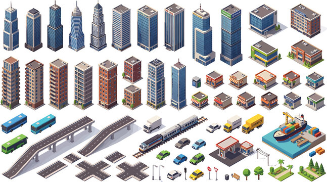 Isometric city builder kit with skyscrapers, residential buildings, roads, vehicles, and urban infrastructure elements in vector format