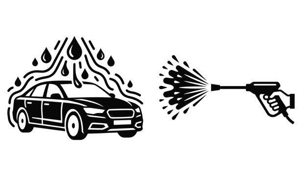 Car wash icon depicting a vehicle being sprayed with water and foam black silhouette auto