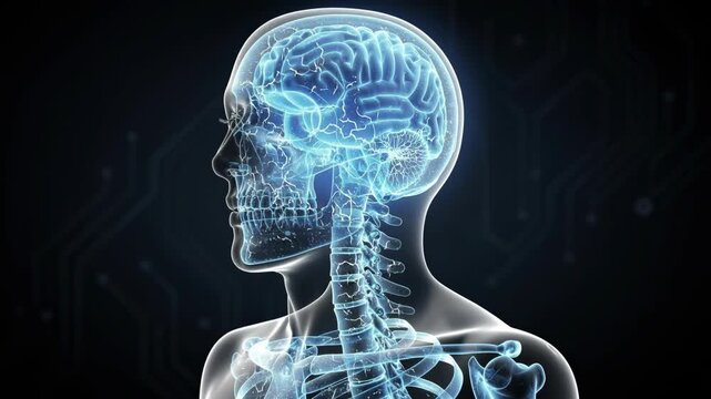 Human brain and skeleton anatomy illustration showing nervous system and spinal cord in glowing blue
