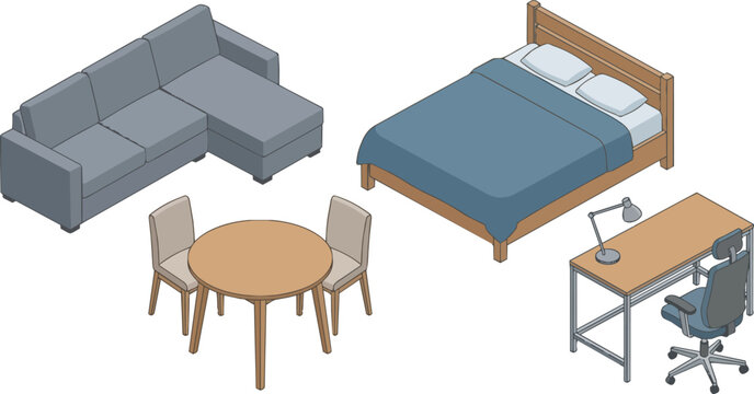 Furniture with a sofa bed, dining table, office desk and Home Interior Elements Set Vector Illustration
