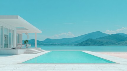 Fototapeta premium Modern luxury residence overlooks serene coastal landscape with infinity swimming pool
